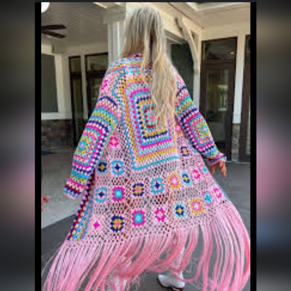 Pink lily pink colorful crochet long sleeve Cardigan - Picture 2 of 6